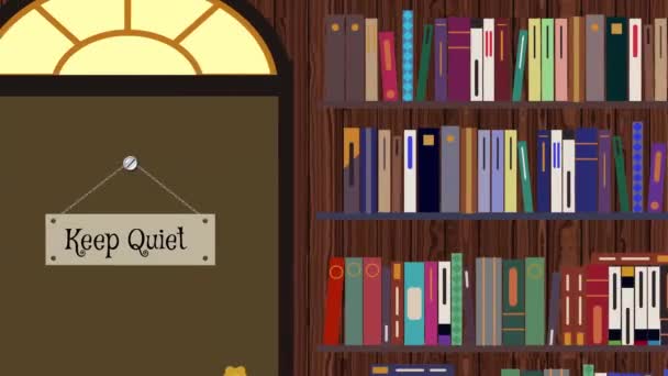 Bibliothèque de dessins animés avec étagères à livres et ordinateurs avec écran vert — Video