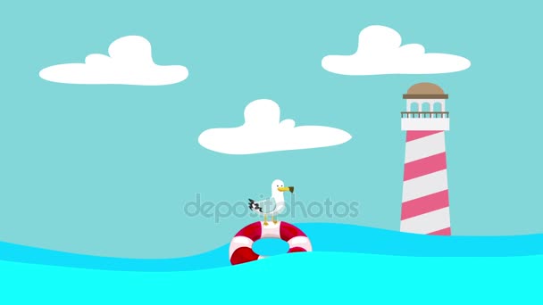 Cartoon Seagull Standing On a Lifebuoy Floating Between The Sea Waves with a Lighthouse — стоковое видео