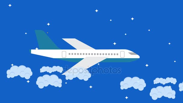 Gece gökyüzünde bulutlar arasında uçan vektör uçak — Stok video