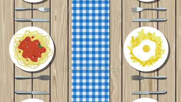 Vista superior de un conjunto de mesa larga con diferentes tipos de alimentos en estilo de dibujos animados — Vídeo de stock