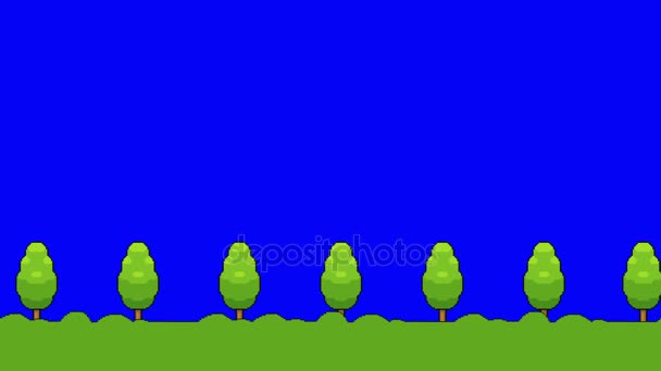 Pixel Art Videojuego Hierba y árboles en una pantalla azul en movimiento hacia adelante — Vídeo de stock