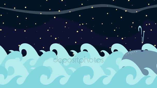 Baleia dos desenhos animados nada no mar em um fundo de noite estrelado — Vídeo de Stock