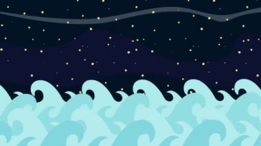 Çizgi film yunuslar bir yıldızlı gece arka plan dalgalar deniz arasında atlama