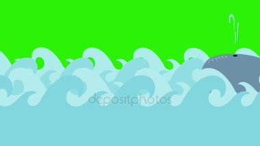 Çizgi film balina deniz yeşil bir ekran üzerinde yüzüyor.