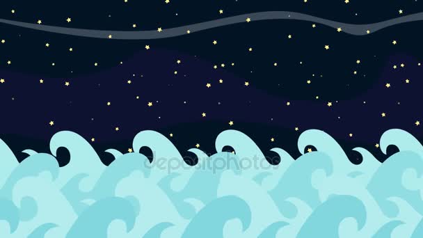 Delfines de dibujos animados saltando entre las olas del mar en un fondo nocturno estrellado — Vídeo de stock