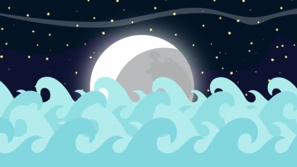 Cartoon Vector Sea Waves On A Starry Night With A Full Moon — Stock Video