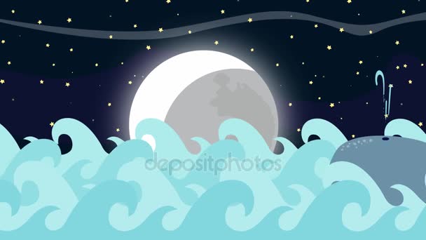 Ballena de dibujos animados nada en el mar en una noche de luna llena — Vídeo de stock