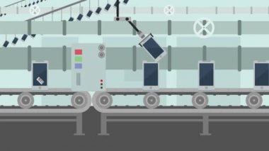 Akıllı telefonlar üzerinde bir fabrika konveyör karikatür tarzı