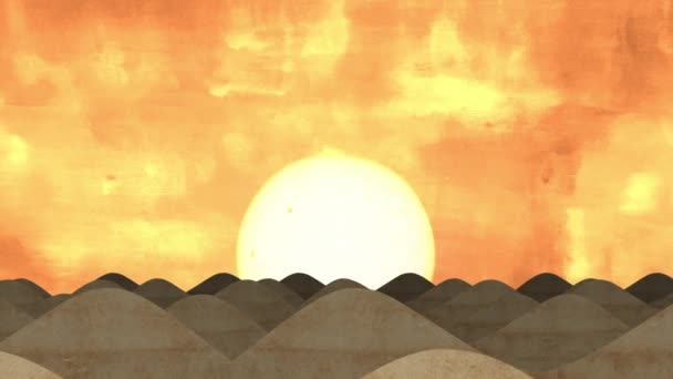 Dunas animadas del desierto de la historieta en la puesta del sol o la salida del sol — Vídeos de Stock