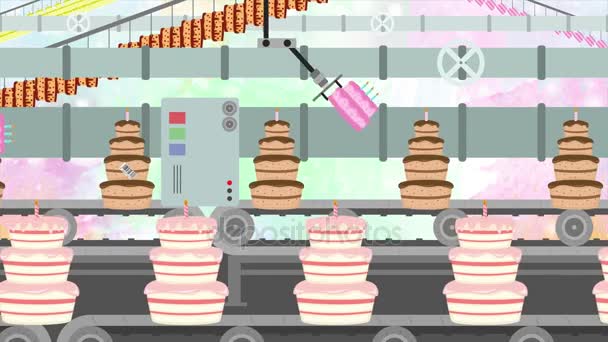 Много праздничных тортов в фабричном конвейере в стиле мультфильма — стоковое видео