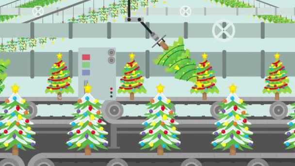 Πολλά είδη χριστουγεννιάτικα δέντρα σε ένα εργοστάσιο μεταφοράς σε στυλ καρτούν — Αρχείο Βίντεο