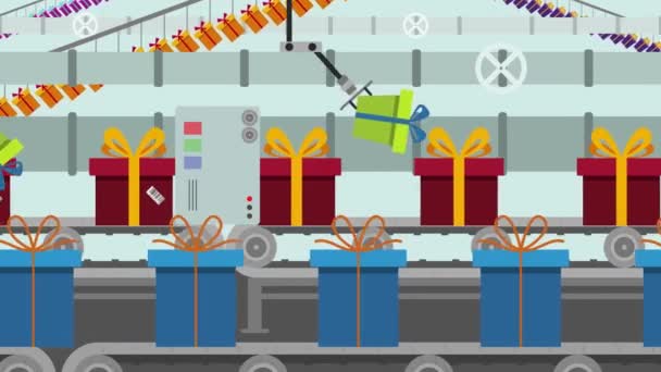 Kleurrijke geschenkdozen op een fabriek transportband Cartoon stijl — Stockvideo
