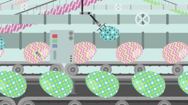 Bir fabrika konveyör karikatür tarzı üzerinde renkli Paskalya yumurtaları — Stok video