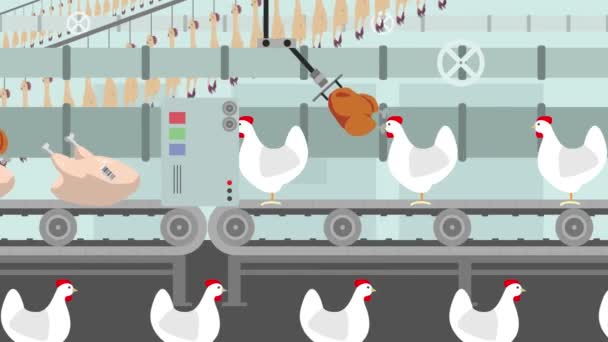 Kippen leven op een transportband fabriek worden gekookt kippen Cartoon stijl — Stockvideo