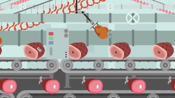 Diferente tipo de carne en un estilo de dibujos animados transportador de fábrica — Vídeos de Stock