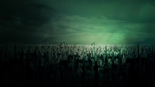 Exército maciço de guerreiros e soldados medievais que se aglomeram antes da guerra sob uma tempestade — Vídeo de Stock