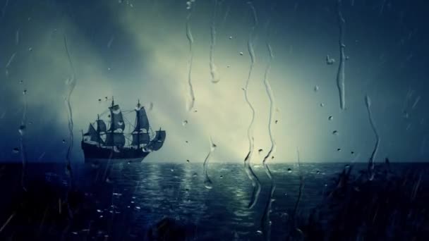 Christopher Columbus Santa Maria Sailing Ship Docking Close to Shore Under Rain — Stock Video