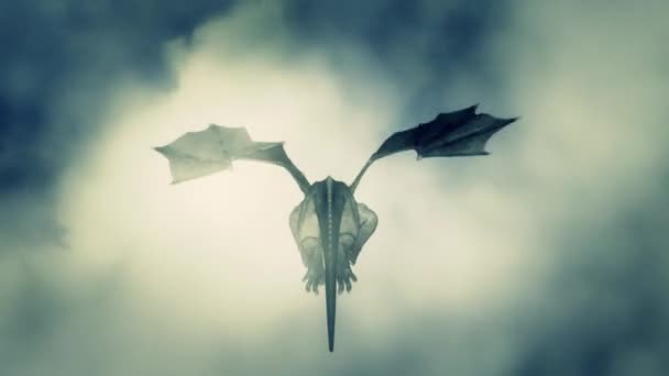 Achterzijde van een draak vliegen door de wolken — Stockvideo