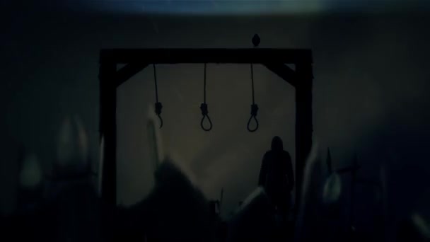 中世纪军队和刽子手在绞刑架下风暴 — 图库视频影像