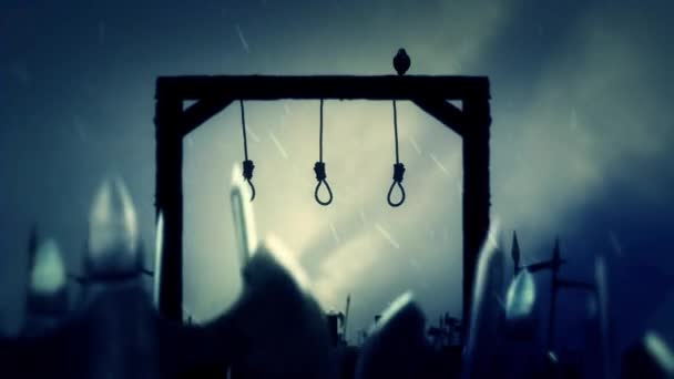 为执行在雨中在绞刑架上欢呼的中世纪军队 — 图库视频影像