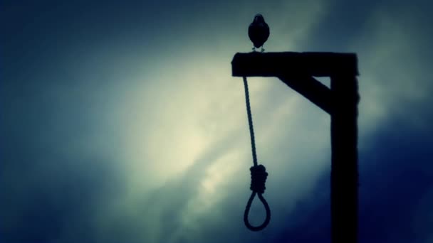 Raven Standing on a Gallows with a Swinging Noose on a Cloudy Day — Stock Video