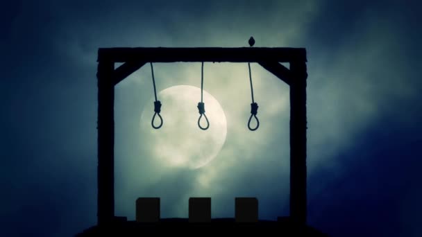 绳套挂在绞刑架上，一只乌鸦在鬼月圆之夜 — 图库视频影像