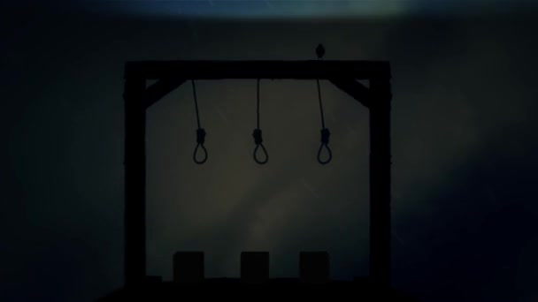Виселица готовится к казни с черной равой во время шторма — стоковое видео