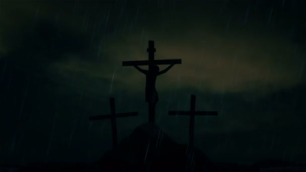 Jésus sur la croix sous une tempête et la pluie 