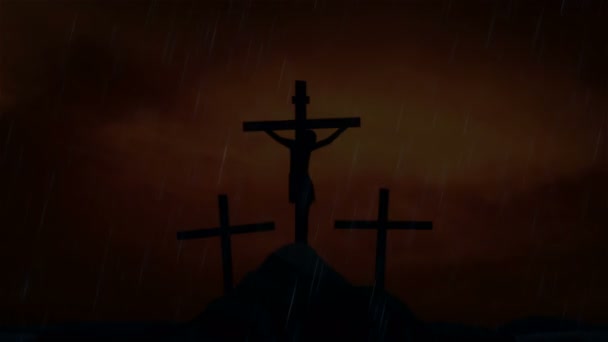 Jesus na cruz sob uma tempestade relâmpago e chuva — Vídeo de Stock