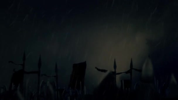 Massive armée médiévale marche à la bataille sous la tempête 