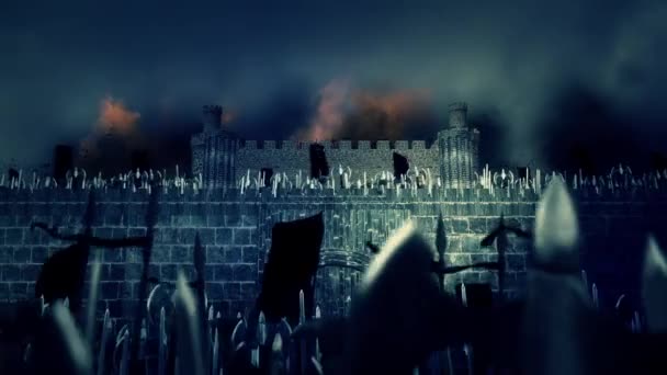 Fantastiska medeltida armén invaderar en brinnande fästning — Stockvideo