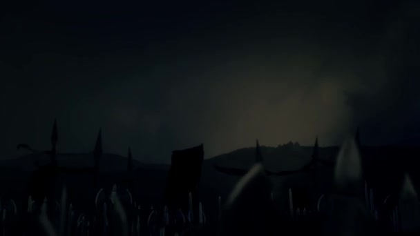 Grande armée médiévale de chevaliers armés marchant sous une tempête de foudre 