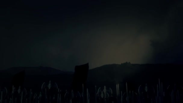 Великая средневековая армия марширует на войну под молнией — стоковое видео
