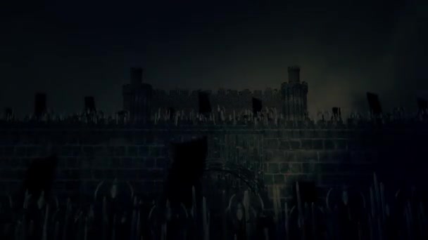 Große mittelalterliche Armee marschiert in einer Festung unter einem Gewitter — Stockvideo