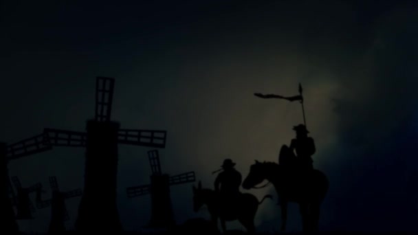 Don Quixote and Sancho Panza Standing in front the Windmills in a Stormy day — Stock Video