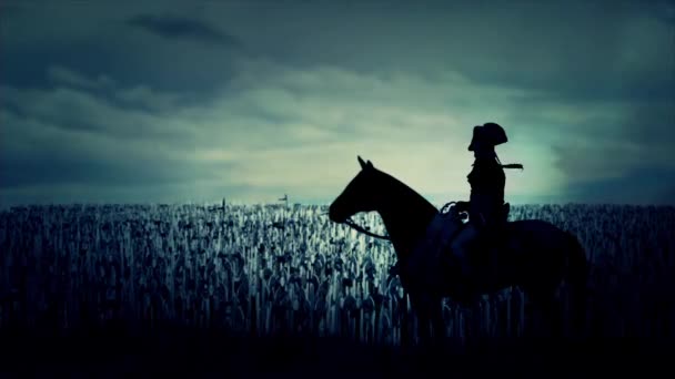 Napoleão sentado em seu cavalo na frente de seu exército maciço antes da batalha — Vídeo de Stock