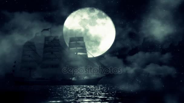 A Sailing ship on a Full Moon Night Moves Slow Between the Waves and Fog — Stock Video