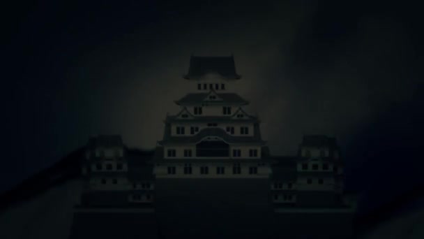 Un château japonais épique sous la pluie une tempête de foudre — Video