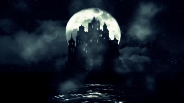 A Big Black Castle in The Middle of the Sea with a Rising Full Moon Night — Stock Video