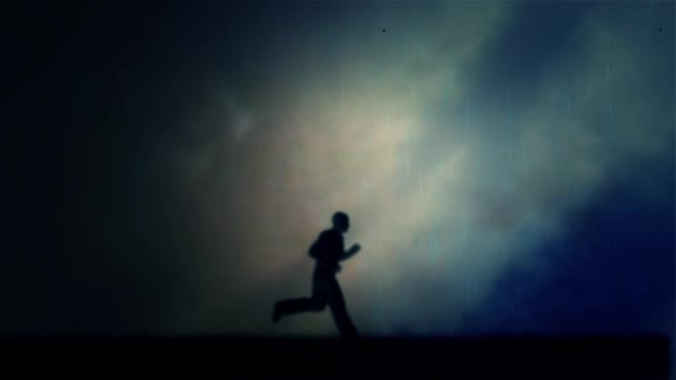 Man Running Fast Under a Lightning Storm and Rain at Night - Loop — Stock Video