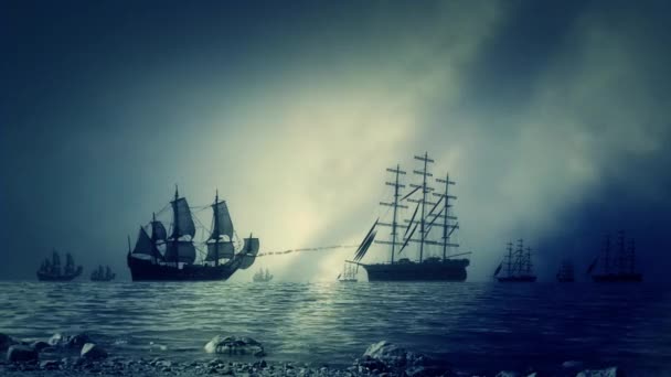 帆船は、お互いの撮影の 2 つの海軍艦隊の間海軍の海の戦い — ストック動画