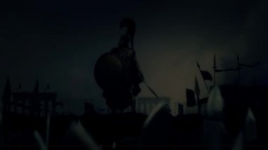 Bir kalkan ve bir fırtına altında büyük ordu tarafından çevrili bir kılıç ile muzaffer Yunan asker