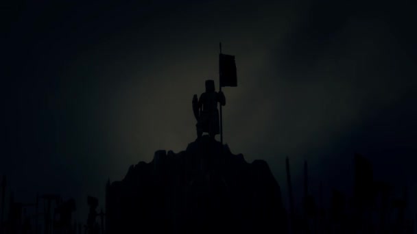 Knight Holding a Flag While Armed Soldiers Cheering him Before Battle Under a Lightning Storm — Stock Video