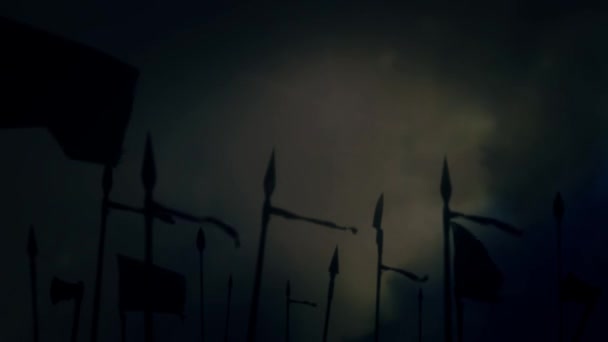 Eine mittelalterliche Armee, die sich an einem stürmischen Tag auf den Kampf vorbereitet — Stockvideo