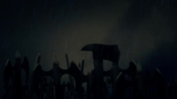 Ejército agitando sus espadas y hachas antes de una batalla o por una victoria bajo la tormenta — Vídeo de stock