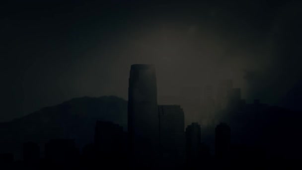 Ciudad fantasma post apocalíptica en un fondo de tormenta relámpago — Vídeo de stock