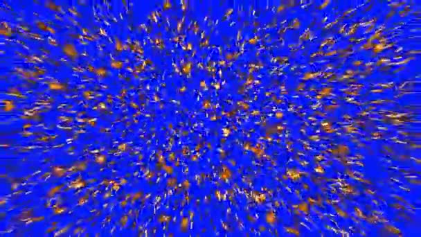 Goldene Funken fliegen von der Kamera auf blauem Bildschirmhintergrund weg — Stockvideo