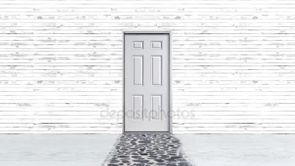 Weiße Tür öffnet sich in einen blauen Bildschirmhintergrund — Stockvideo