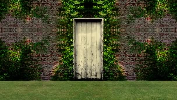 Trädgård dörren öppen till en blå skärmbakgrund — Stockvideo