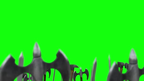 Guerreiros acenando suas armas com eixos e espadas em uma tela verde — Vídeo de Stock